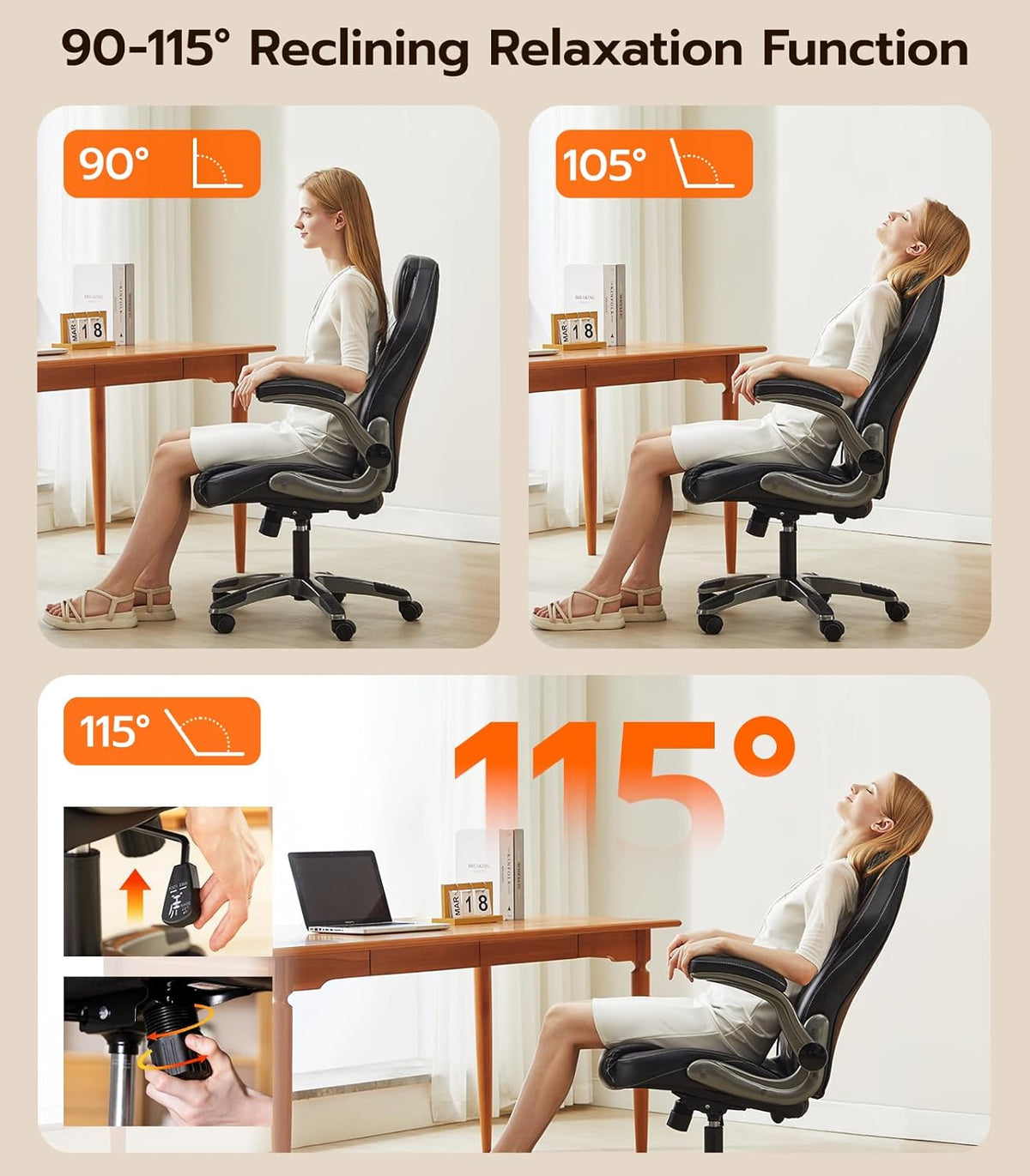 Office Desk Chair, Ergonomic Computer Chair with Padded Flip-Up Arms and Adjustable Lumbar Support, PU Leather Executive Chair with Tilt Lock and