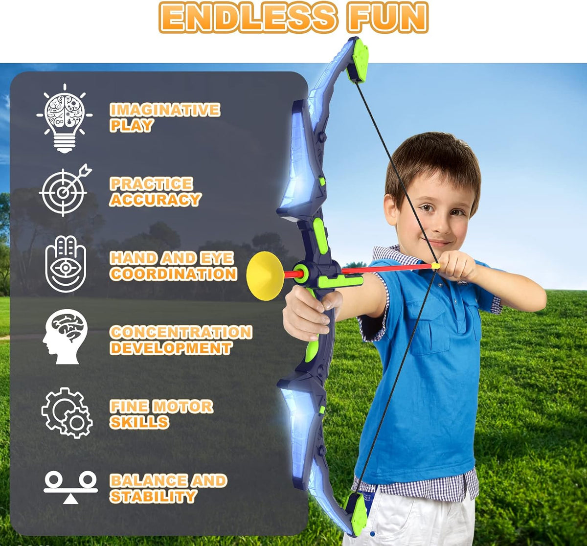 2 Pack Kids Bow and Arrow Set with LED Flash Lights, 14 Suction Cup Arrows and Fluorescence Standing Target-Perfect Indoor and Outdoor Game Archery