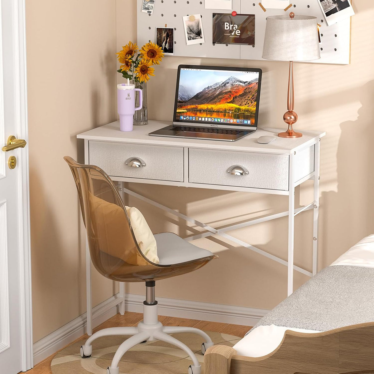 Small Writing Desk for Kids Bedroom, 31.5 Inch White Computer Desk for Small Spaces, Simple Desk with 2 Fabric Drawers for Home Office, Dorm, Living