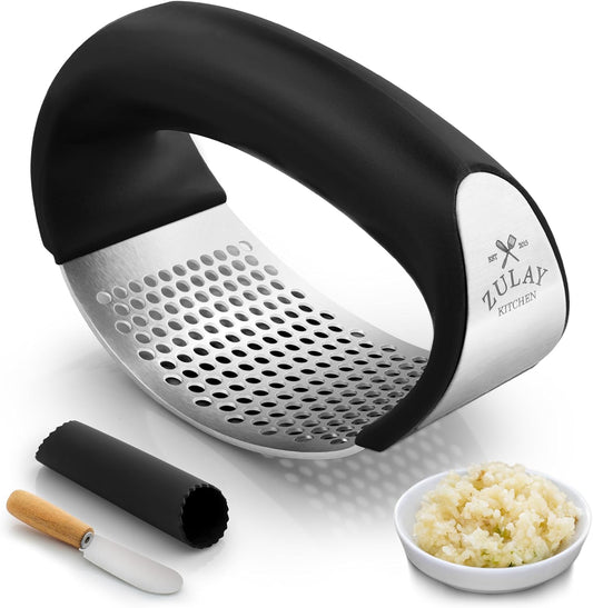 Zulay Kitchen Stainless Steel Garlic Press Rocker Set - Premium Garlic Mincer Garlic Crusher - New Innovative Garlic Crusher with Peeler and Scraper