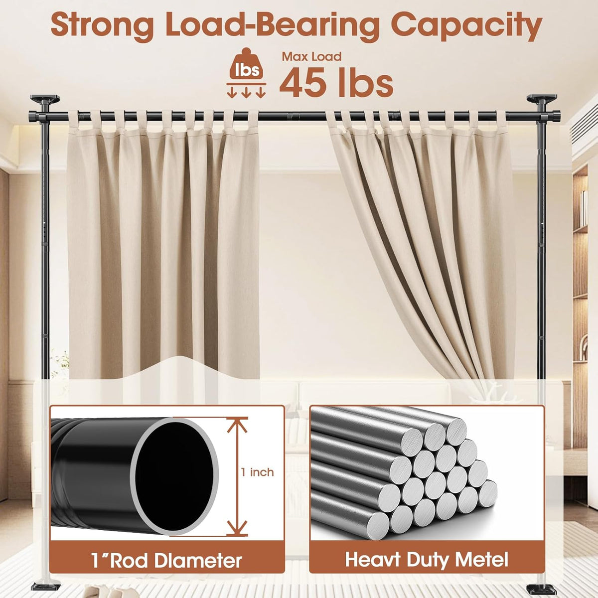 Room Divider No Drilling Curtain Rod Wall Divider for Room Separation, 4-10ft(H) 28-114inch(W) Adjustable, Heavy Duty Partition Space Separator