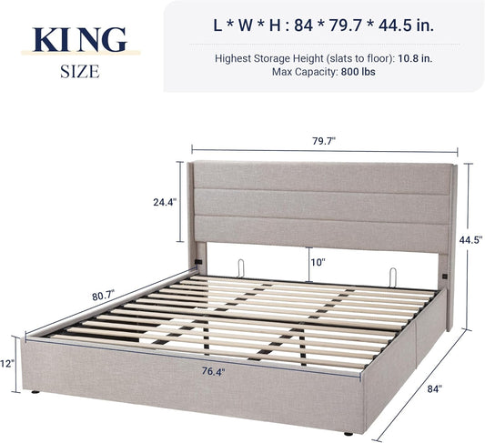 Allewie King Size Lift Up Storage Bed, Modern Wingback Headboard, Hydraulic Support, No Box Spring Needed, Light Beige