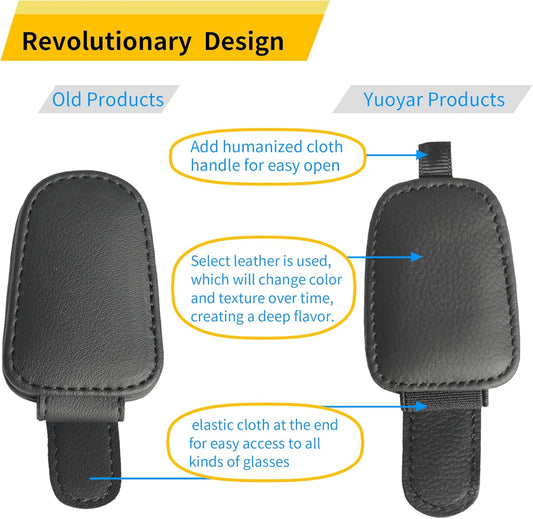 Yuoyar Sunglass Holder for Car, Magnetic Leather Sunglasses Holder and Ticket Card Clip, Car Visor Accessories, 2 Packs (Black)