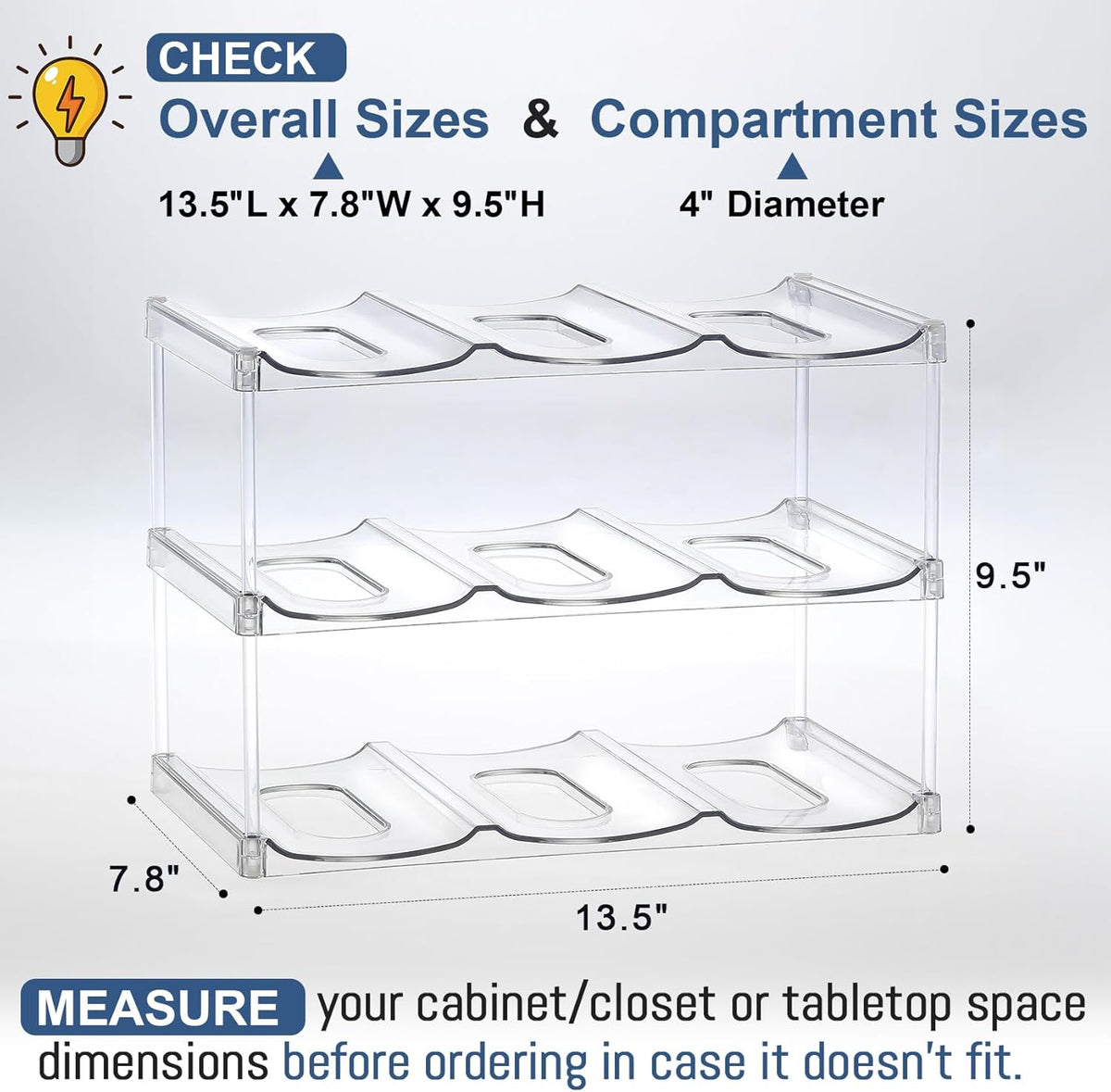 LARGER Compartment - Stackable Water Bottle Organizer Holder - for Stanley & Others' Large Tumbler - Clear Wine Rack, Cup Bottle Holder for Cabinet
