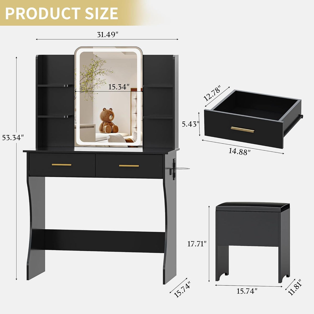 Vanity Desk with LED Lights Mirror & Power Outlet, Small Makeup Vanity Table Set with Storage Drawers & Chair, 3 Lighting Modes & Adjustable