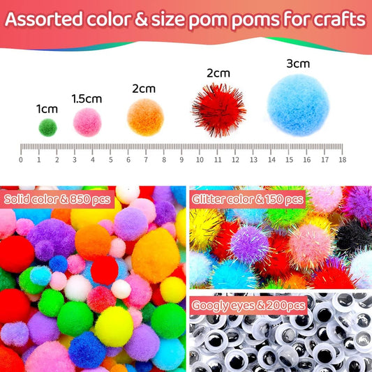 Iooleem Multi-Color Pom Poms, 1200pcs Assorted Size & Color, Pom Poms for Arts and Crafts, Pom Pom Balls with Wiggle Eyes in jar, Glitter Pom Poms