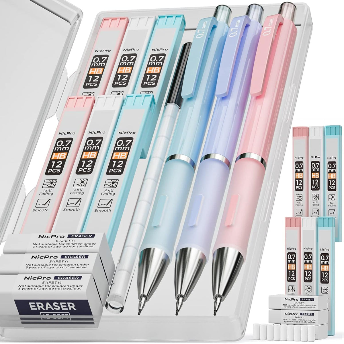 Nicpro 3PCS Cute Mechanical Pencil Set with Case, 0.7 mm Pencils with 6 Tube HB Lead Refill, 3PCS Eraser, 9PCS Eraser Refill for School Supplies Kid