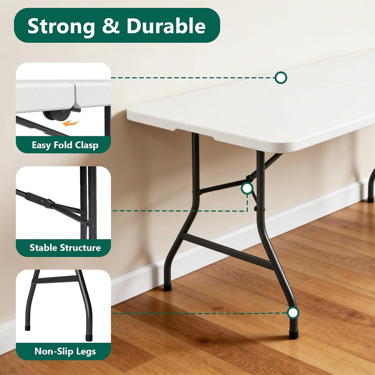 Folding Table 6ft - Heavy Duty Plastic Table with Handle, Foldable & Portable, Fold-in-Half Utility Tables for Outdoor, Dining, Wedding, Events