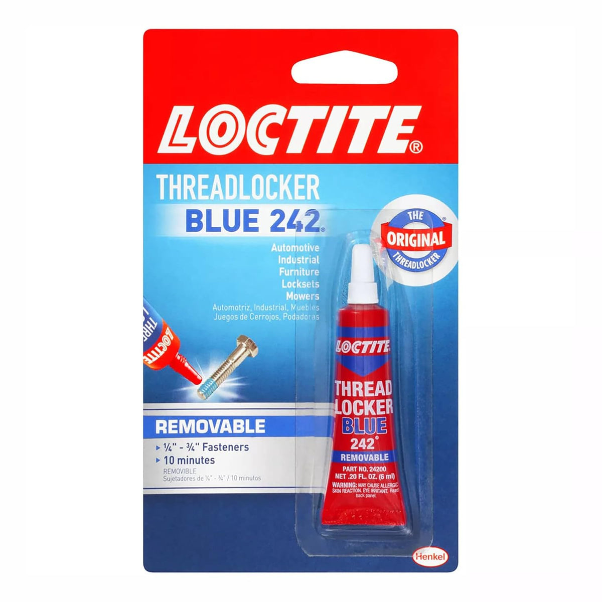 Loctite Threadlocker Blue 242 - Removable Thread Lock Glue for Nuts, Bolts, & Fasteners, Medium Strength Screw Glue to Prevent Loosening & Corrosion