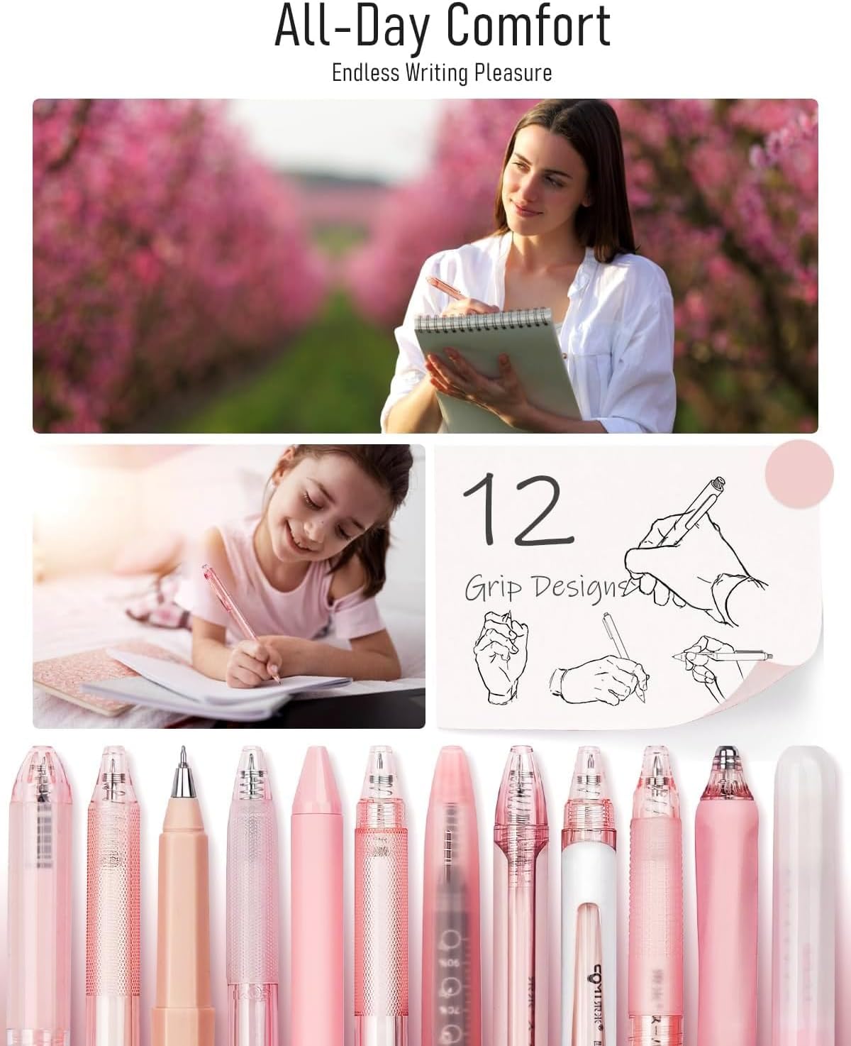 Four Candies Rose Series Gel Pens, Cute Writing Pens with Black & Pink Ink, 0.5 mm Smooth Fine Point, School Office Supplies Girly Stationery