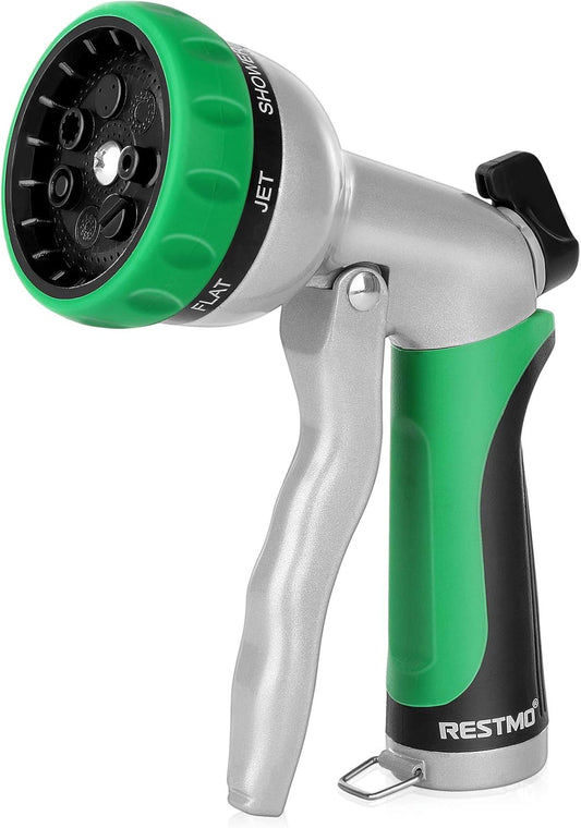 RESTMO Garden Hose Nozzle, Heavy Duty Metal Water Hose Nozzle with 7 Adjustable Spray Patterns, High Pressure Hand Sprayer with Flow Control for