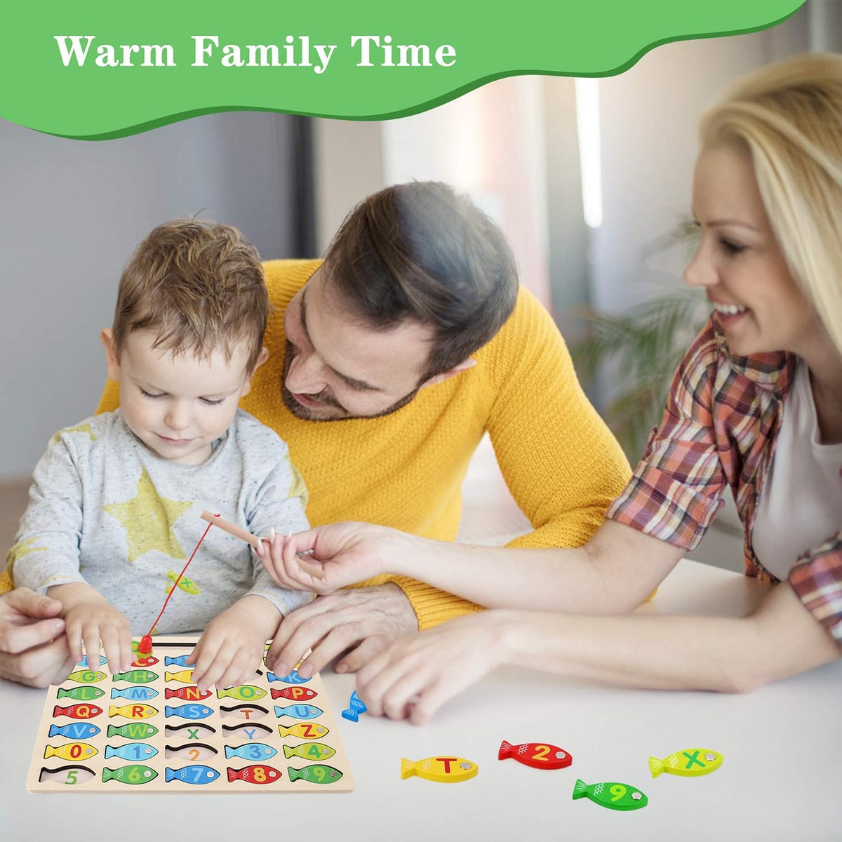 Magnetic Wooden Fishing Game Toy for Toddlers, Alphabet Fish Catching Counting Games Puzzle with Numbers and Letters, Preschool Learning ABC Math