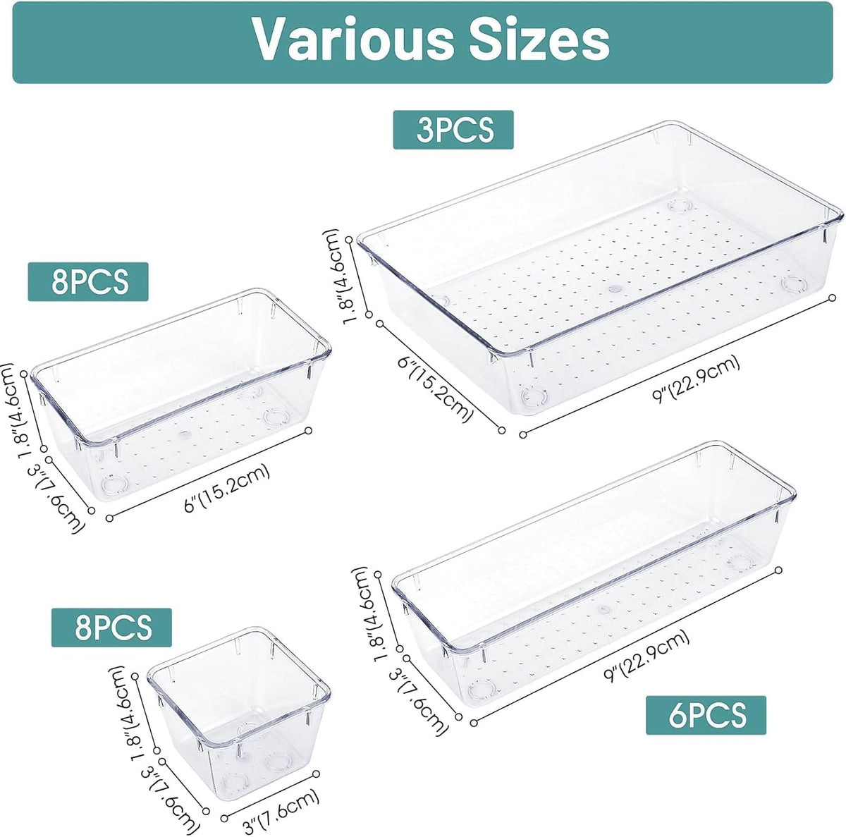 WOWBOX 25 PCS Clear Plastic Drawer Organizer Set, 4 Sizes Desk Drawer Divider Organizers and Storage Bins for Makeup, Jewelry, Gadgets for Kitchen