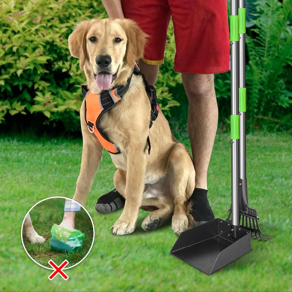 TOOGE Pooper Scooper, Dog Pooper Scooper Long Handle Stainless Metal Tray and Rake for Medium Small Dogs Heavy Duty Pet Supplies to Use for Grass