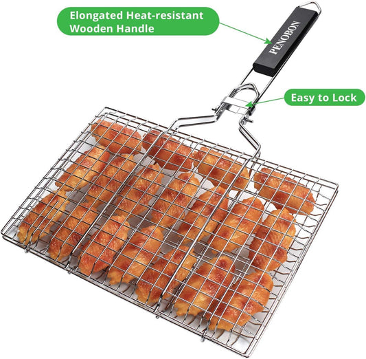 Fish Grilling Basket, Folding Portable Stainless Steel BBQ Grill Basket for Fish Vegetables Shrimp with Removable Handle, Come with Basting Brush and