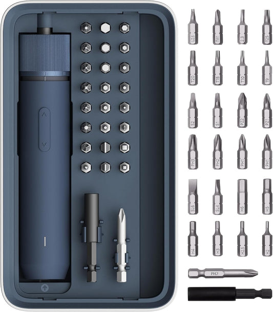HOTO Electric Screwdriver Kit, Upgraded 1/4'' Hex 25 Bits, Magnetic Lid, Rechargeable Cordless Screwdriver, 3 Torque Settings, 1500mAh Battery, LED