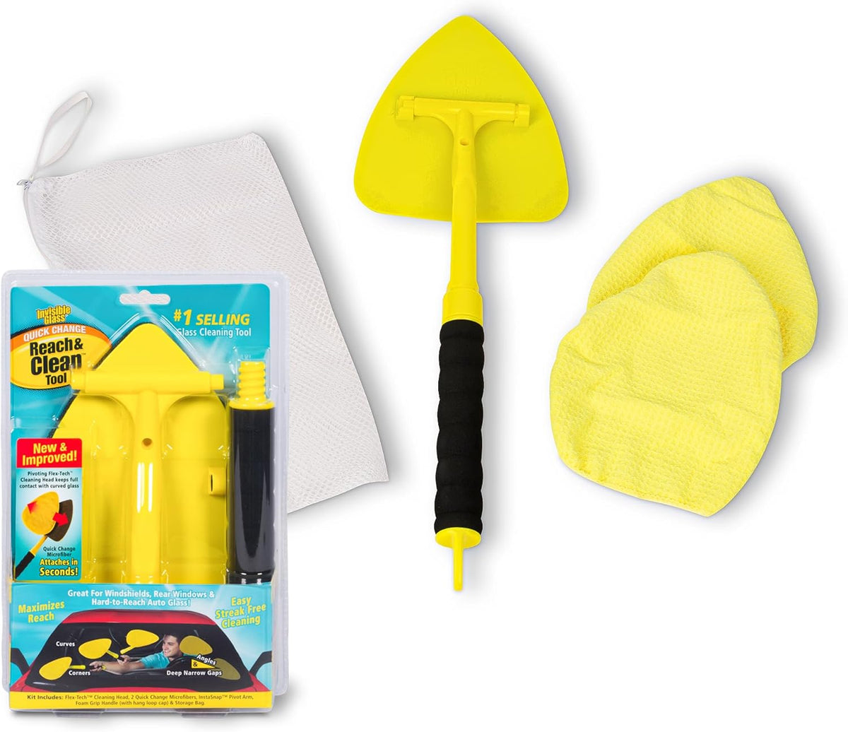 Invisible Glass 95160 Reach & Clean Glass Windshield Cleaner Tool Kit With Extendable Handle, (2) Reusable Quick Change Microfibers, and Storage Bag