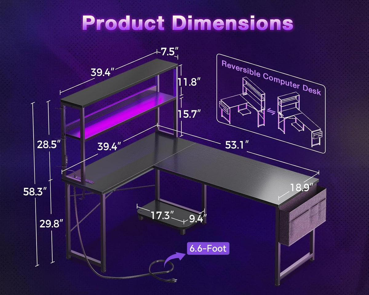 ODK 53 Inch L Shaped Desk with LED Lighting, Reversible Gaming Desk with Power Outlets, Cornor Computer Table with Storage Shelves & Bag & Iron Hook
