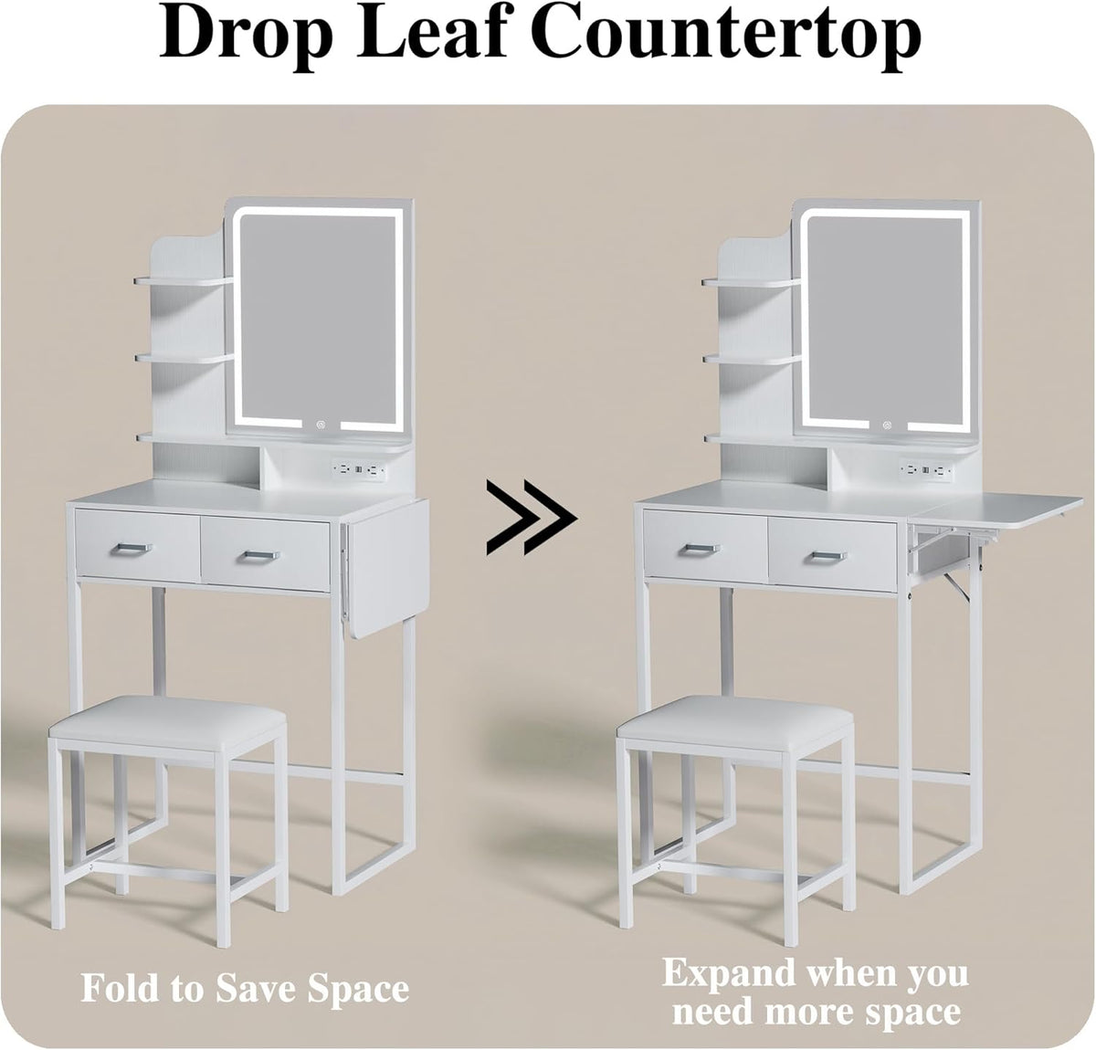 Makeup Vanity Desk with Mirror and Lights, Small Vanity with Fabric Storage Drawer & Chair & Shelves, White Vanity with Fold-up Panel and Power