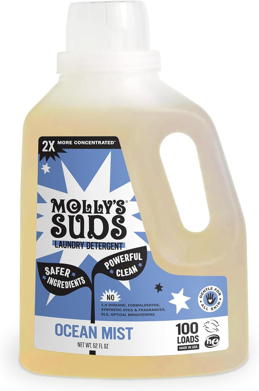 Molly's Suds Liquid Laundry Detergent | Clean Laundry Detergent Soap for Sensitive Skin | 2x Concentrated, High Efficiency (HE) | Ocean Mist - 100