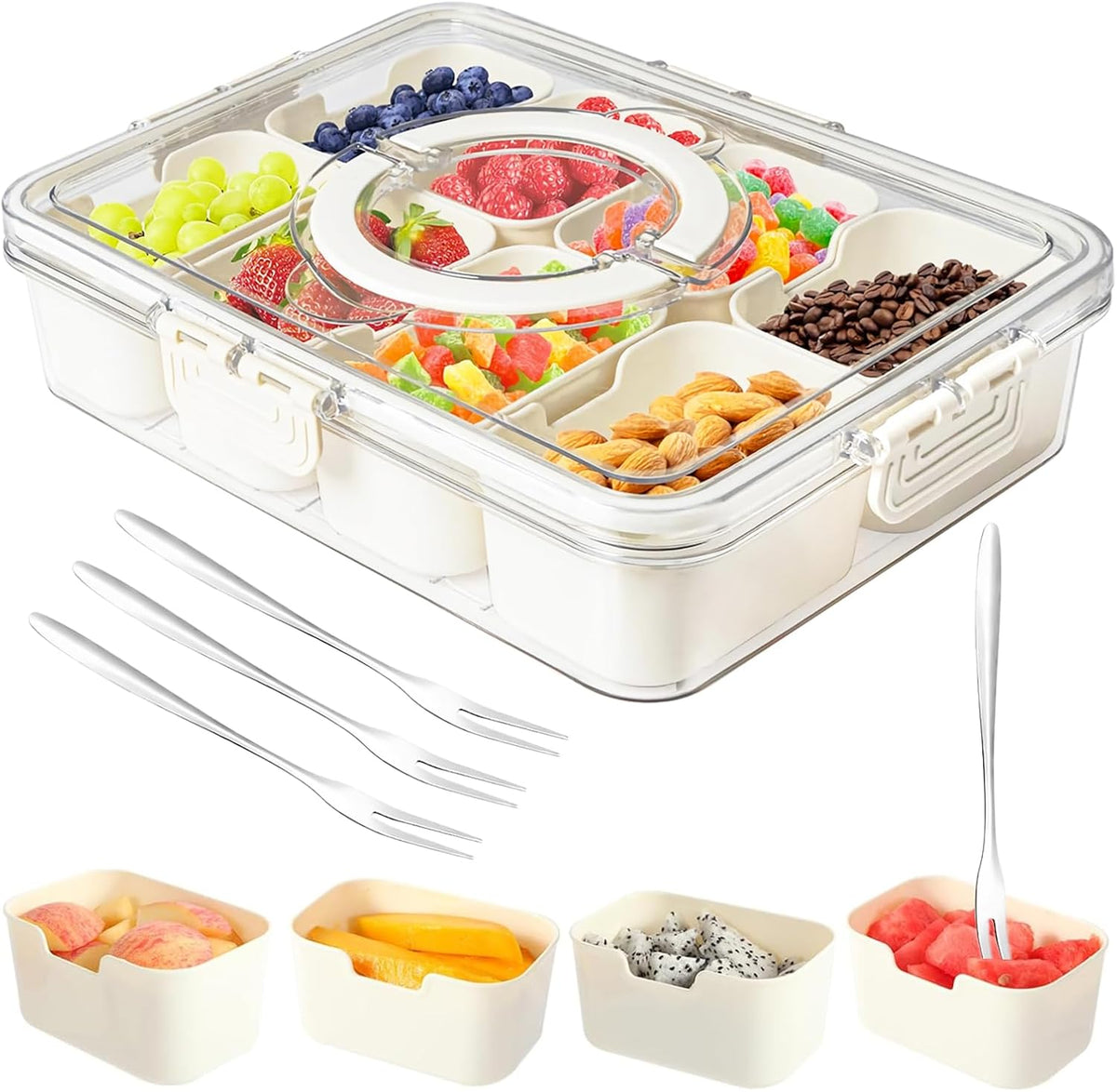 Snackle Box Container,Portable Snack Box 8 Compartment Divided Serving Tray with Lid and Handle,Clear Storage Organizer for Fruit Candy Nuts