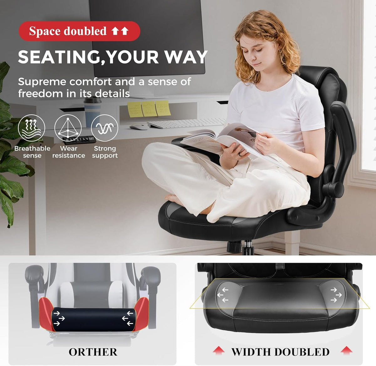 GTRACING Office Computer Gaming Chair Ergonomic Desk Chair for Adults with Lumbar Support Flip-Up Arms Adjustable Height Swivel Wheels PU Leather