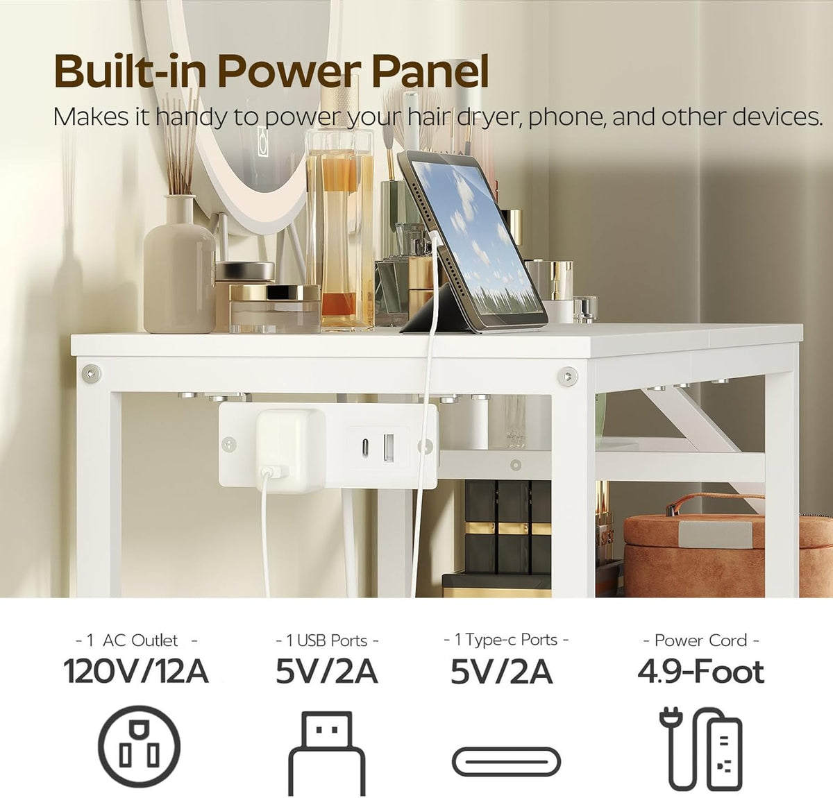 Small Vanity Desk Without Mirror, Makeup Vanity Table with Power Outlet, White Vanity with Fabric Drawers, Dressing Table, for Small Spaces, Bedroom