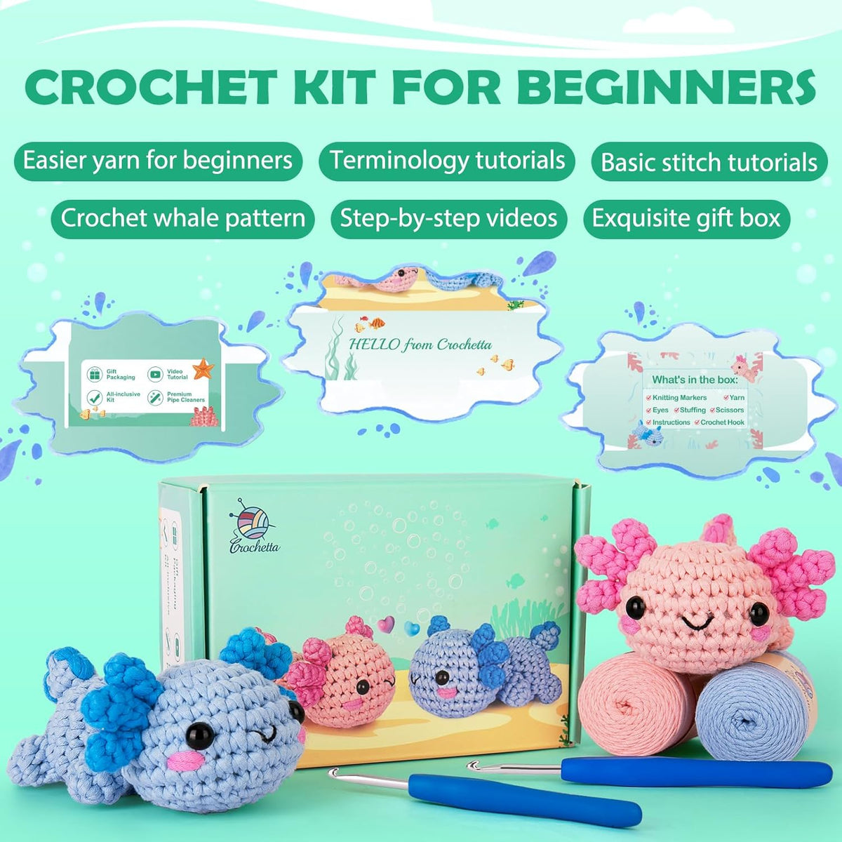 Crochetta Crochet Kit for Beginners, Crochet Starter Kit w Step-by-Step Video Tutorials, Easy Beginner Crochet Kit for Adults & Kids, Women & Men