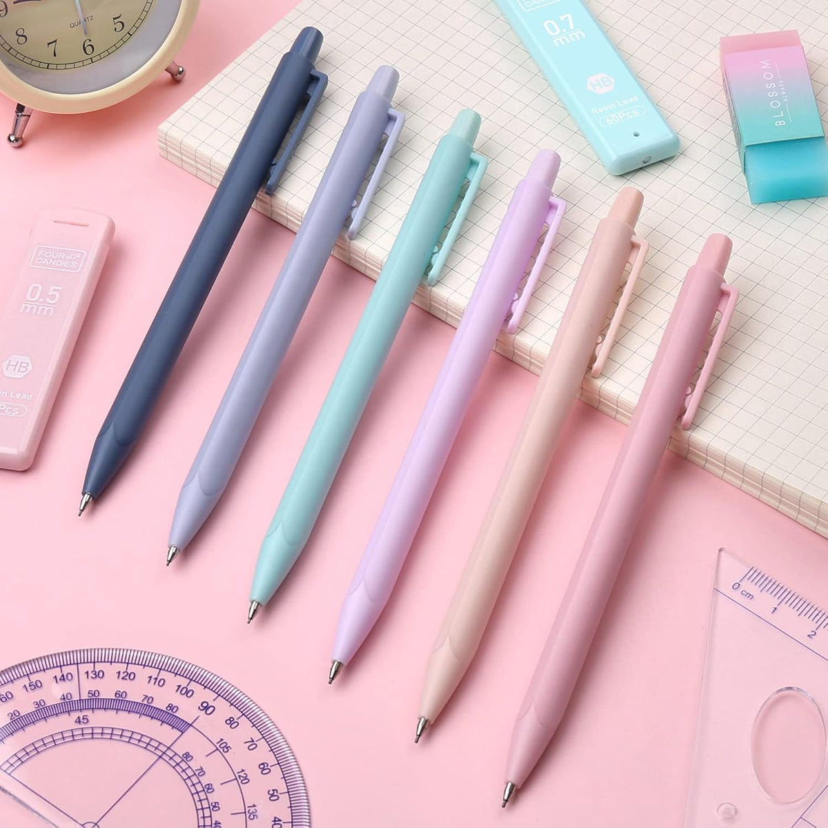 Four Candies Cute Mechanical Pencil Set, 6PCS Pastel Mechanical Pencils 0.5 & 0.7mm with 360PCS HB Leads, 3PCS Erasers and 9PCS Eraser Refills