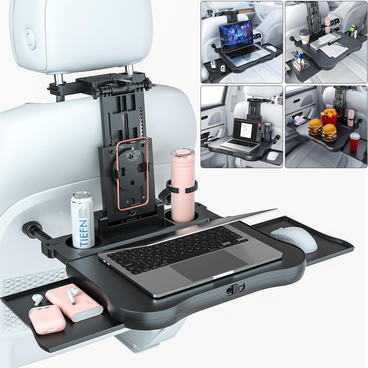 Car Back Seat Tray Table, Stable Foldable Auto Backseat Food Trays Desk for Rear Passenger Road Trip Eating & Work, Multifunctional Adjustable Travel