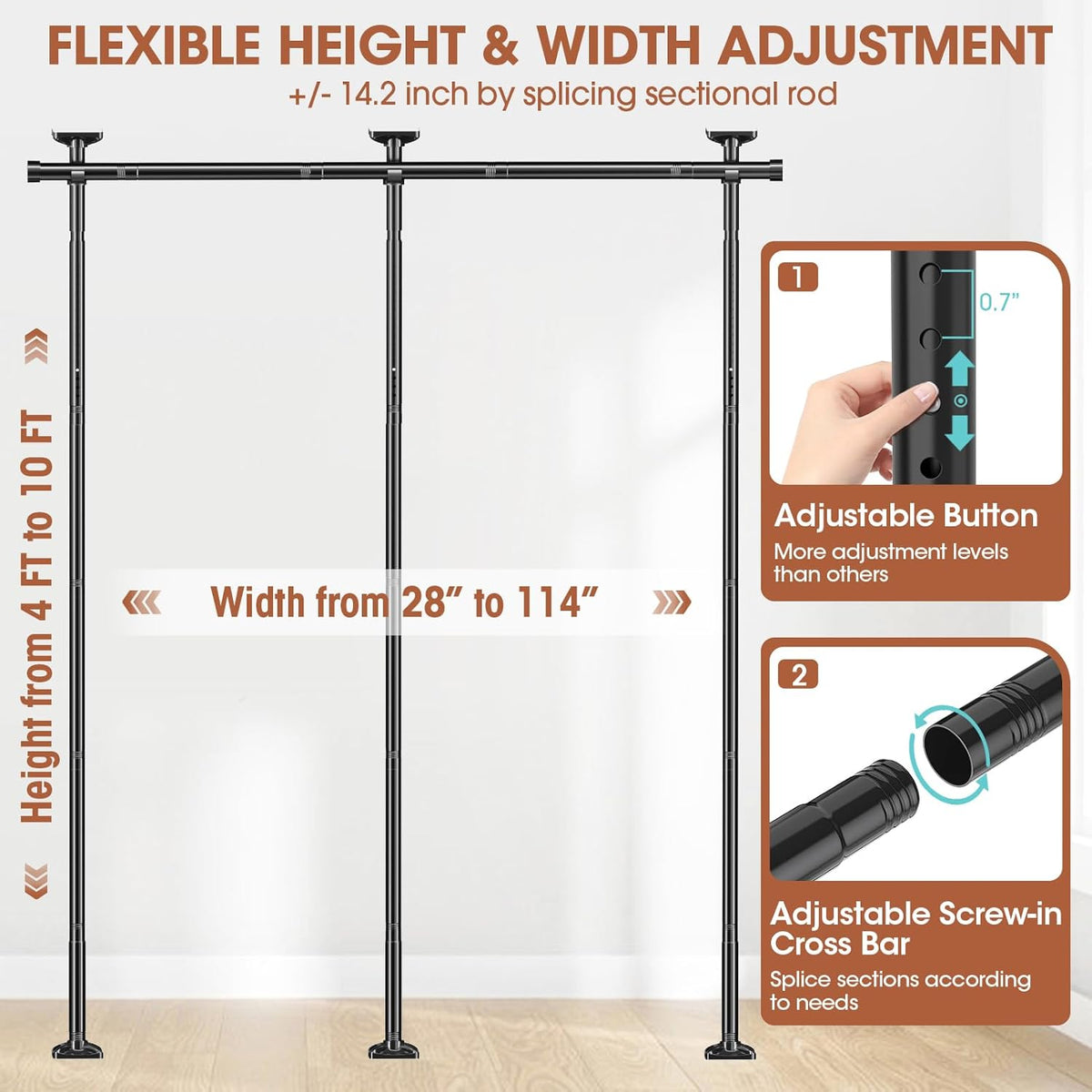Room Divider No Drilling Curtain Rod Wall Divider for Room Separation, 4-10ft(H) 28-114inch(W) Adjustable, Heavy Duty Partition Space Separator