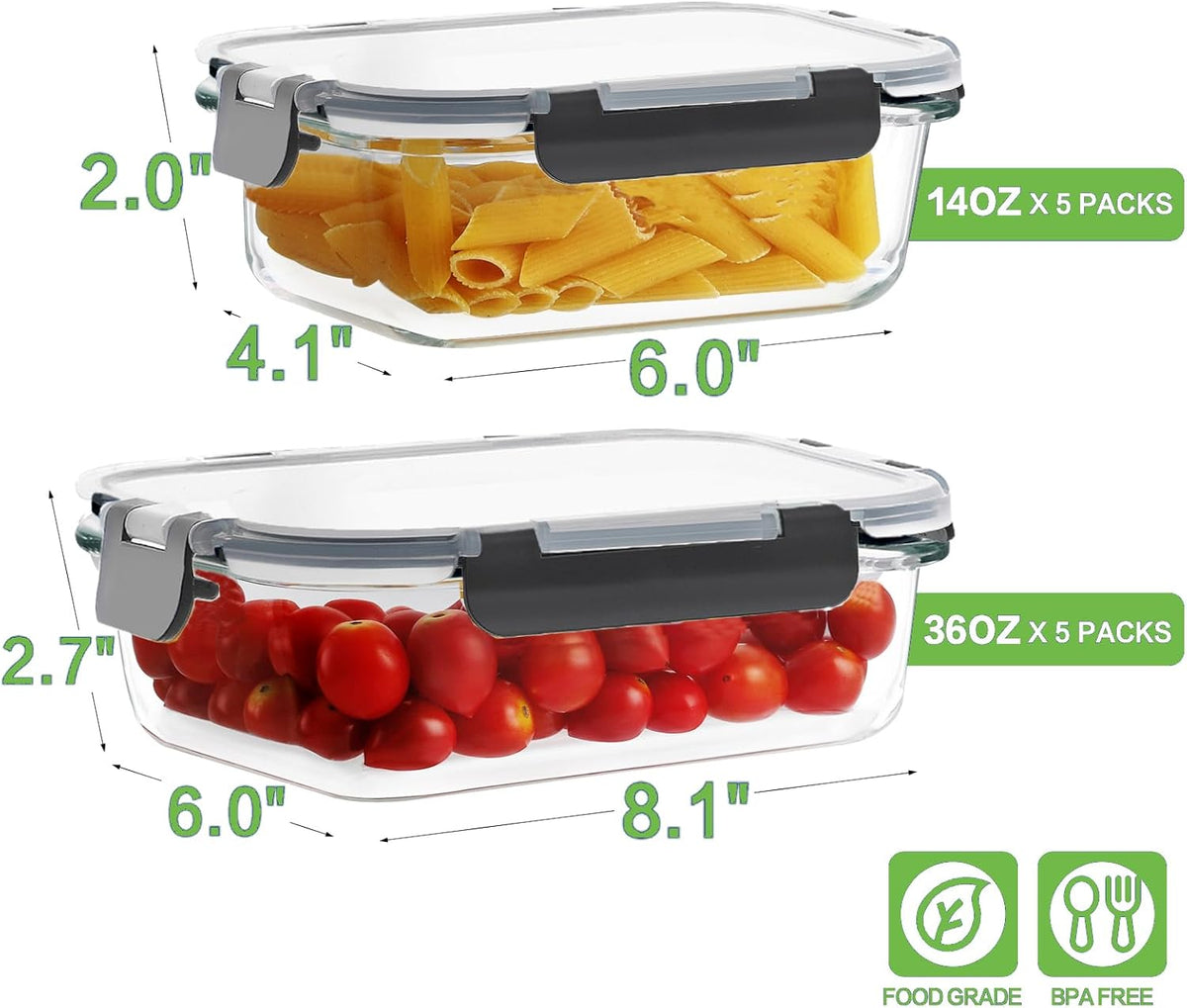 HOMBERKING 10 Pack Borosilicate Glass Meal Prep Containers with Locking Lids, Glass Food Storage Containers Set, Airtight Lunch Bento Boxes, BPA-Free