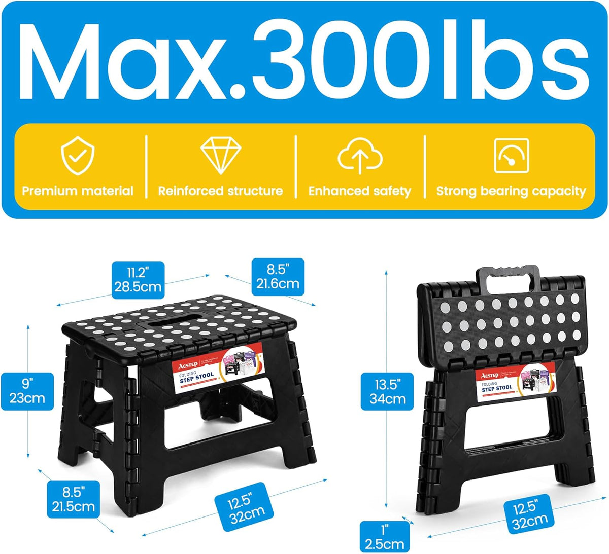ACSTEP Folding Step Stool 9'' Tall Kids Step Stool Holds Up to 300 lb Plastic Foldable Step Stools for Kids Non-Slip Surface with Carry Handle
