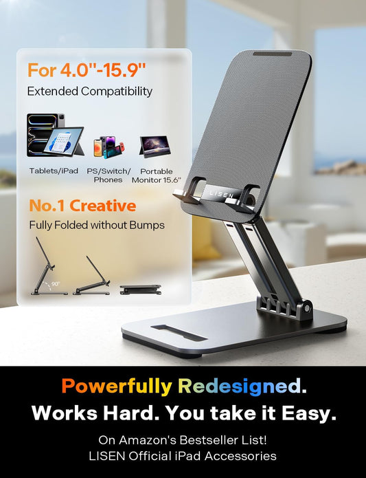 LISEN for iPad Stand Tablet Holder for Desk- Foldable Office Gifts for Men Women Desk Accessories, Home Gadgets Essentials Portable Monitor Stand for