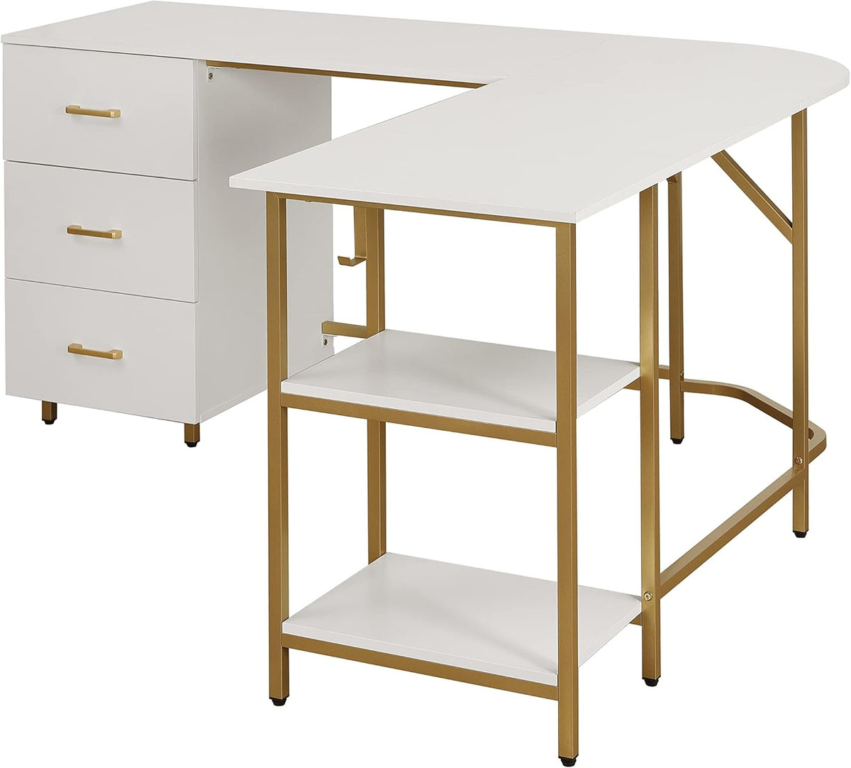 Techni Mobili L Shaped Desk - Two-Toned Computer Desk with Drawers & Storage Shelves - Simple Modern Furniture & Home Office Space Corner Table for
