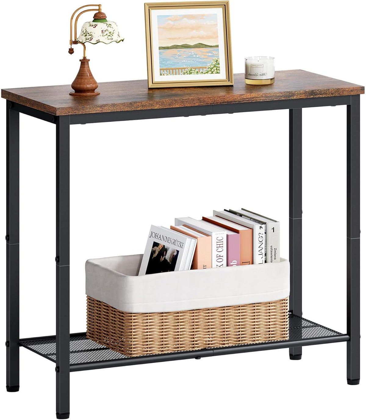 Hoctieon 2 Tier End Table, Sofa Side Table, Narrow Side Table with Storage, Slim Nightstand for Small Spaces, Metal Frame, for Living Room, Bedroom