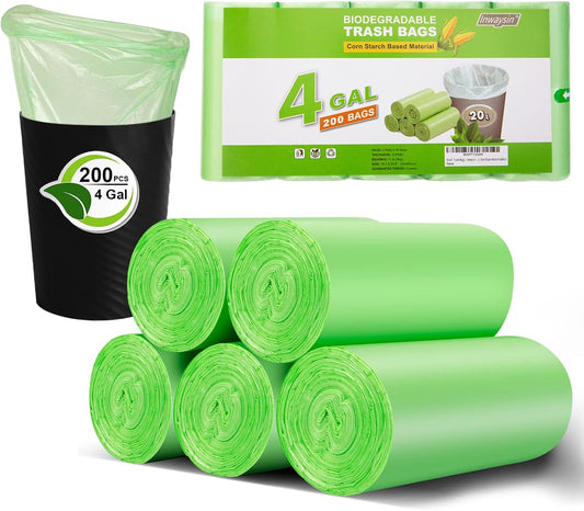 Small Trash Bags 4-6 Gallon, Inwaysin 200 Count Biodegradable Trash Bags 4 Gallon, Extra Strong Small Garbage Bags Unscented, Size Expanded, Green