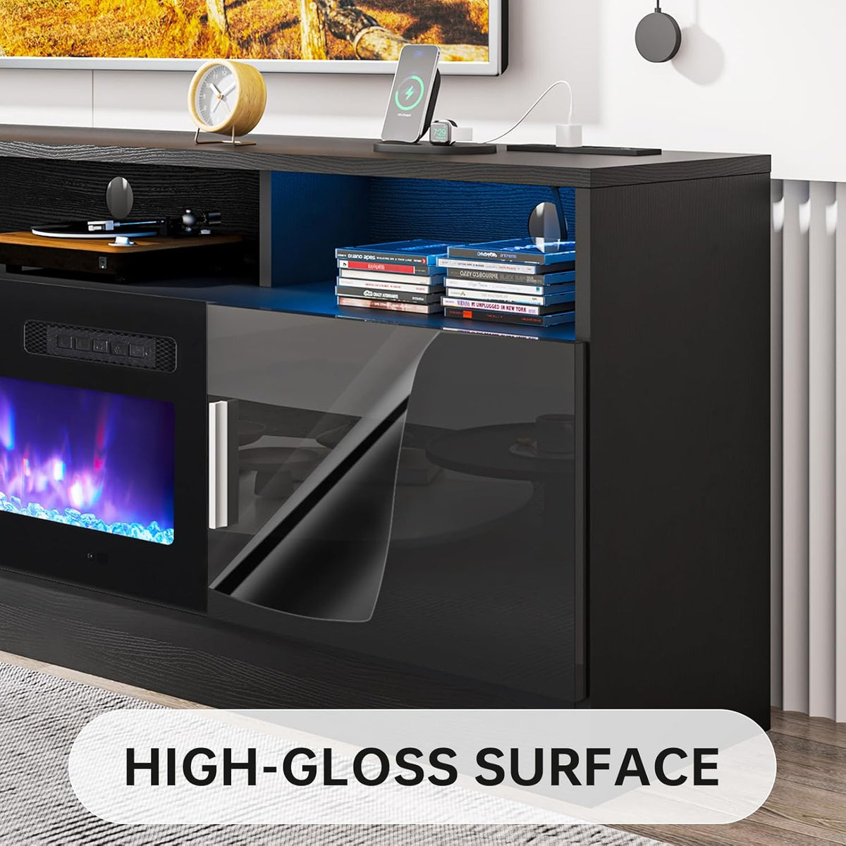 oneinmil 70" Fireplace TV Stand with Power Outlet for TVs Up to 80", Electric Fireplace Entertainment Center with LED Lights & Storage Cabinets