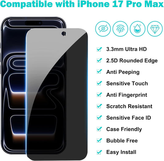 PEHAEL 3+3Pack for iPhone 17 Pro Max Privacy Screen Protector with Camera Lens Protector Full Coverage Anti-Spy Tempered Glass Film 9H Hardness Easy