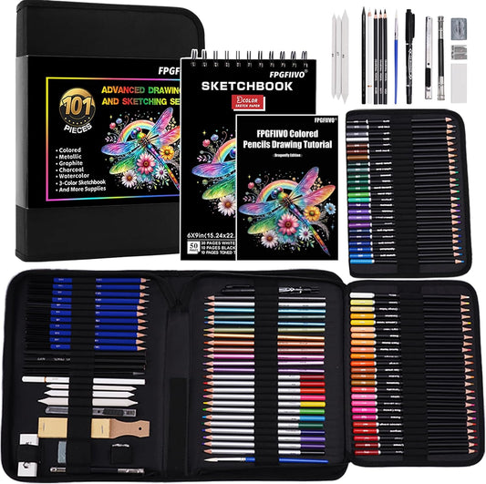 FPGFIIVO 101 Pcs Sketch Art Set, Art Supplies with 3-Color Sketchbook and Tutorial, Colored, Watercolor, Metallic, Graphite, Charcoal Pencils