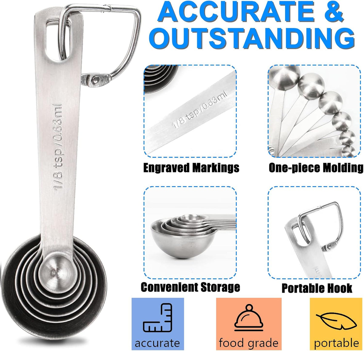 Measuring Spoons, Premium Heavy Duty Stainless Steel Measuring Spoons Cups Set, Small Tablespoon with Metric and US Measurements, Set of 6 for