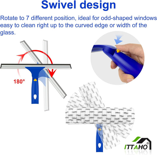ITTAHO Squeegee for Window Cleaning,12" Squeegee and 11" Microfiber Scrubber Combi with Stainless Steel Pole,Extendable Window Cleaner for