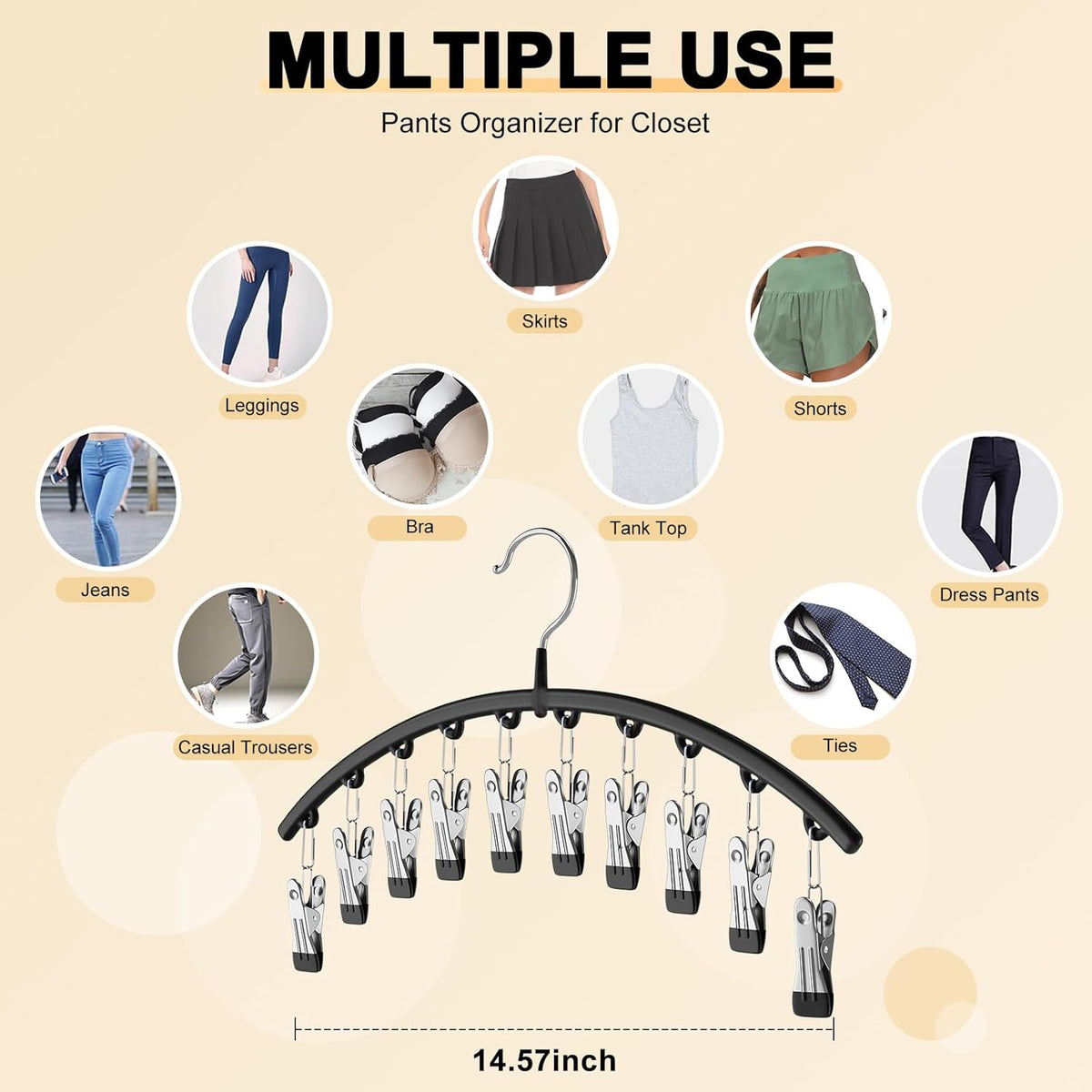 Legging Organizer for Closet, Metal Yoga Pants Hangers 2 Pack w/10 Clips Holds 20 Leggings, Space Saving Hanging Closet Organizer w/Rubber Coated