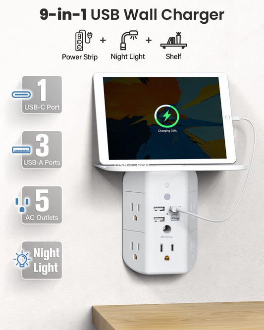 Mifaso 3-Sided Multi Plug Power Strip, Wall Extender with Shelf, Night Light & Surge Protector, USB Wall Charger with 5 AC Wide Space Outlets and 3