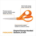 Fiskars 8" Original Orange-Handled Stainless Steel Scissors, Ergonomic and Keeps Material Flat, Sharp All-Purpose Paper and Fabric Scissors for