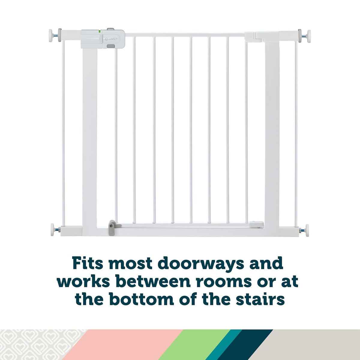 White metal gate with text on a white background