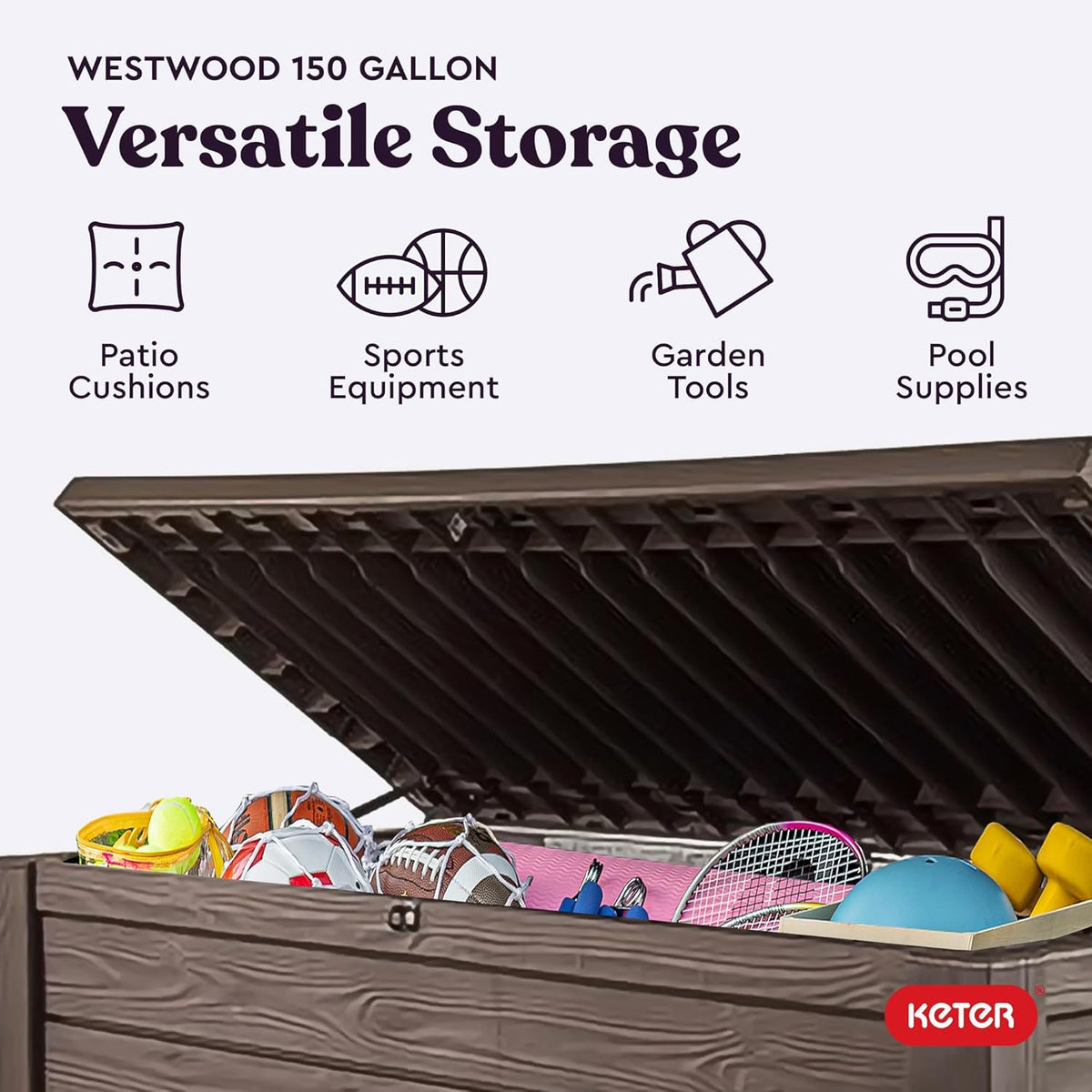 Keter Westwood 150 Gallon Deck Box Organizer, Doubles as 2-Person Bench Seat, Brown – Large Resin Outdoor Storage and Seating with Lockable Lid for