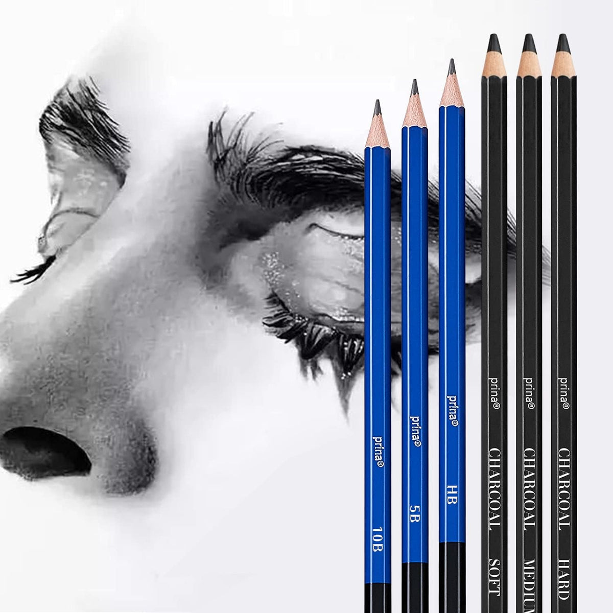 Prina 50 Pack Drawing Set Sketch Kit, Sketching Supplies with 3-Color Sketchbook, Graphite, and Charcoal Pencils, Pro Art Drawing Kit for Artists