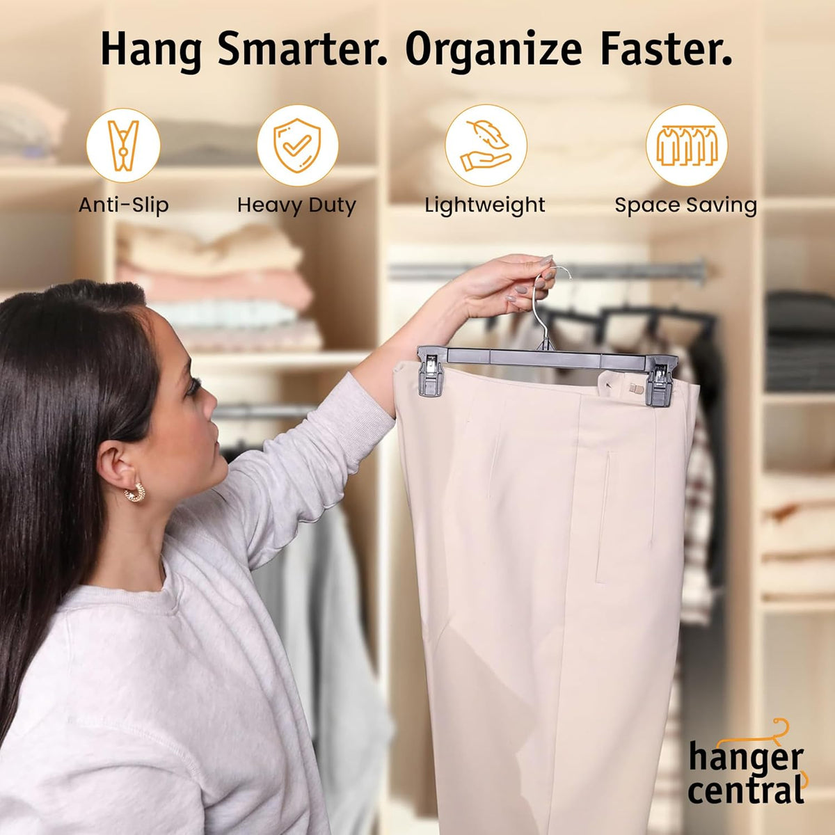Hanger Central 30 Pack Pants Hangers – 12 Inch Slim Plastic Clothes Hangers with Clips for Skirts, Shorts & Trousers – Non Slip Grip, Heavy Duty