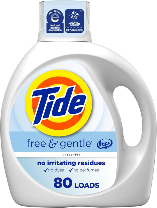 Tide Free & Gentle Liquid Laundry Detergent, 105 fl oz, 80 Loads, HE Compatible